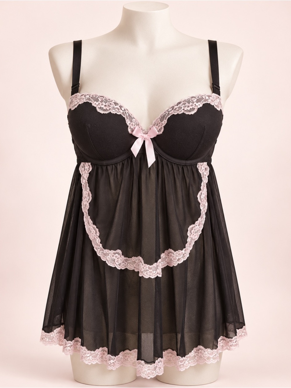 Victoria’s Secret Black Pink Lace Babydoll Chemise 36D NWT